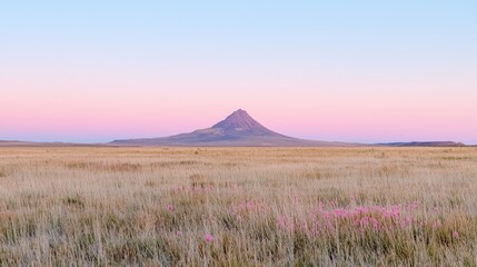 Naklejka premium Volcanic peak at sunrise, grassland, pastel sky, serenity