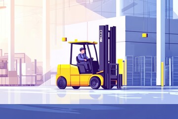 Yellow Forklift Operator in Modern Warehouse Facility
