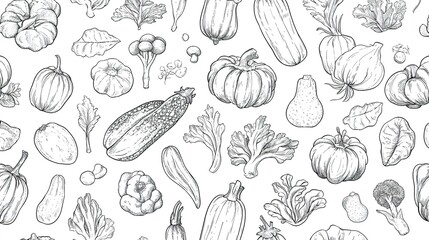 Hand-drawn doodle line art vegetable pattern, seamless, isolated on white background
