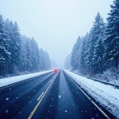 Obraz premium Snowflakes gently fall onto the winding highway under a thick foggy veil, falling, snowfall