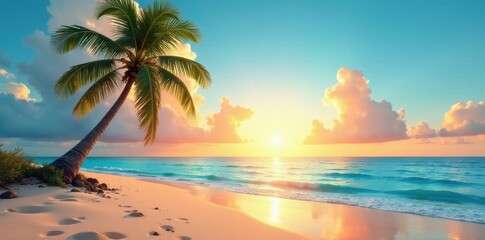 Fototapeta premium Serene Coastal Sunset Scene Palm Tree Silhouette on a Pristine Sandy Beach with Gentle Waves and a Vibrant Sky