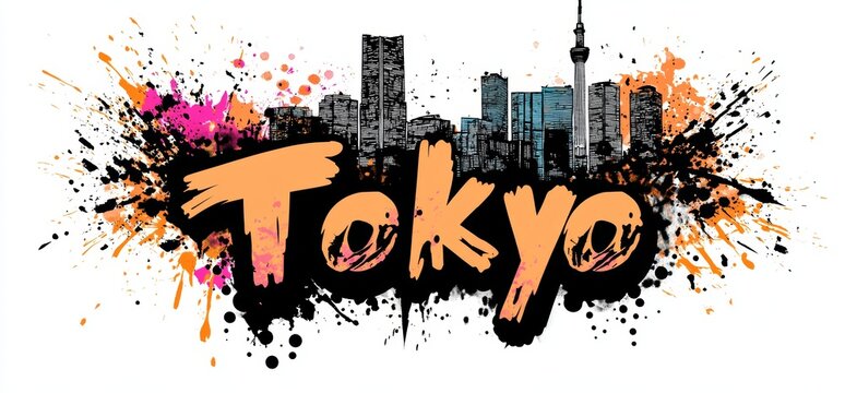 Vibrant cityscape of Tokyo featuring artistic lettering and splashes of color blending urban life with creativity