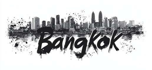 Fototapeta premium Urban skyline of Bangkok showcasing modern architecture along the river with dramatic artistic lettering