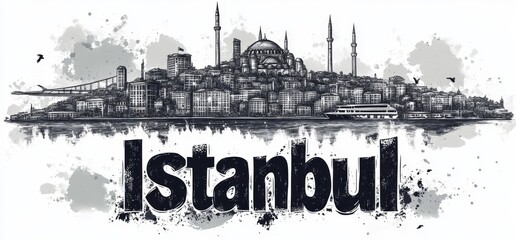 Fototapeta premium Artistic depiction of Istanbul skyline featuring iconic landmarks and cultural richness along the Bosphorus
