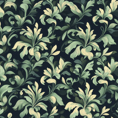 Seamless pattern of green leaves on dark background