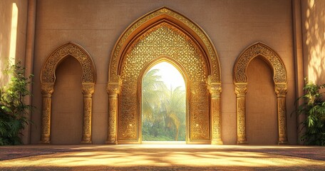 Golden archway, palace entry, oasis backdrop, sunlight