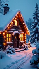 Snowy cottage facade softly lit by string lights, icy, white, snow