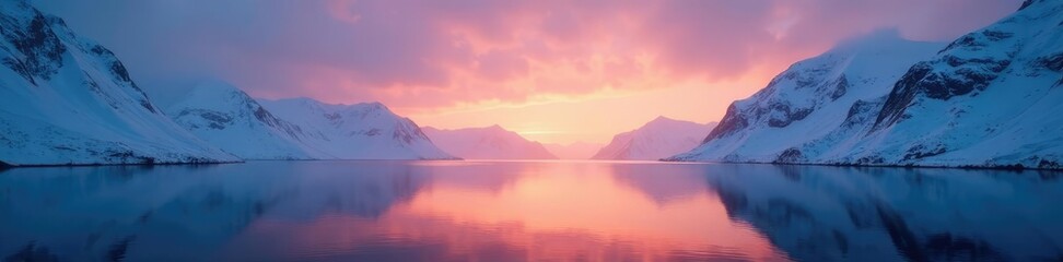 Obraz premium Snowy fjord landscape at dawn with mist and darkness, silence, calm