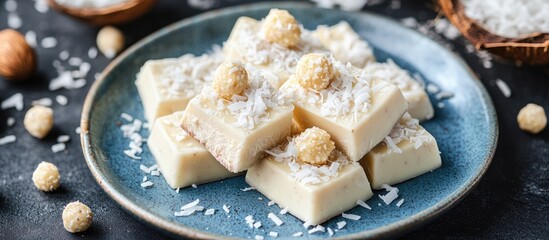 Delicious white chocolate bars with coconut shavings and nut balls on a blue plate with scattered coconut and nuts against a dark background