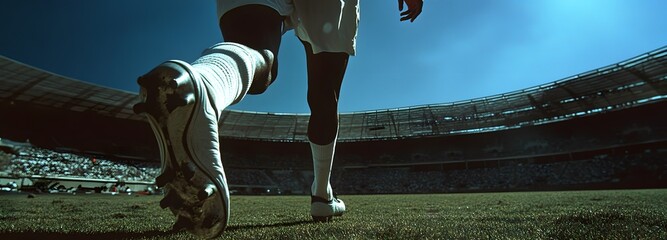 A low-angle shot of a soccer player's legs as they sprint across the field with determination, their cleats digging into the turf, while the background reveals the vastness of the stadium in the