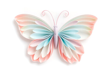 Handmade pastel paper butterfly quilled into an elegant shape on a white background, perfect for scrapbooking, decoration, and DIY crafting inspiration with delicate artistic details.