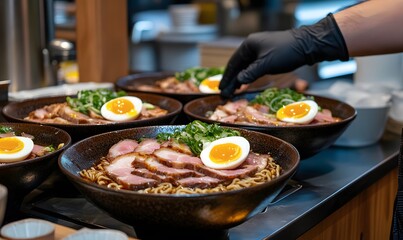 multiple bowls of ramen noodles with slices of pork and eggs, Generative AI