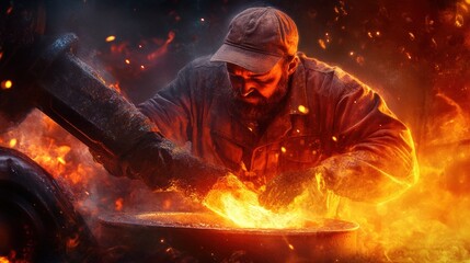 A foreman at a steel manufacturing plant, inspecting molten metal being poured into molds under glowing orange light