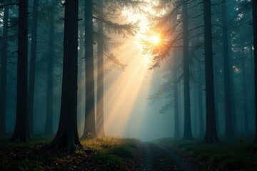 Naklejka premium Towering trees amidst foggy morning in the forest, foggy, morning