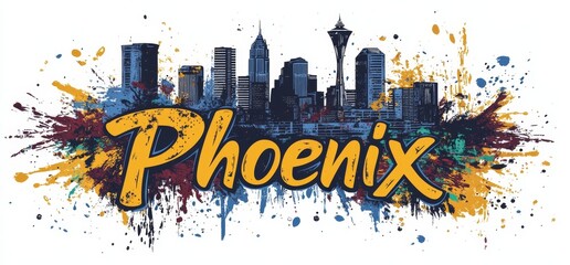 Colorful artistic representation of Phoenix skyline featuring iconic buildings and vibrant paint splashes