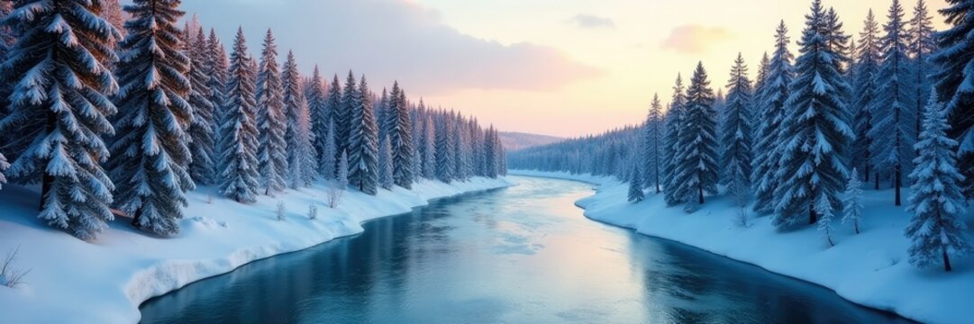 Towering trees surround frozen river confluence, frozen water, kolyma highway