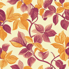 Seamless pattern of orange and purple leaves on cream