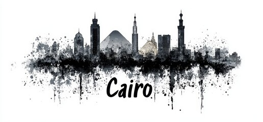 Obraz premium Cairo skyline showcasing iconic buildings and structures against a contrast of black and white artistic splashes