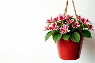 Fototapeta premium Trachelospermum asiaticum in a hanging basket on red brick, pink, variegated