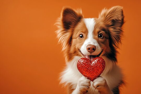 Marketing creative art. Cute collie dog with sparkling rhinestones red heart - sign of love, funny greeting card. Collie - my treasured dog. Puppy valentine ideas. Love and loyalty. Pet love.