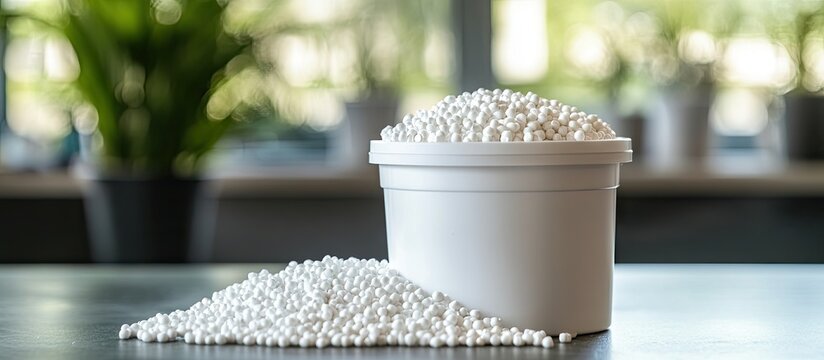 White plastic container filled with thermoplastic elastomer TPE on table showcasing white beads with green background and natural light lighting