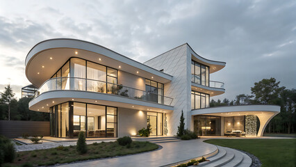 Modern Luxury Curved House Exterior at Dusk Architectural Design Real Estate