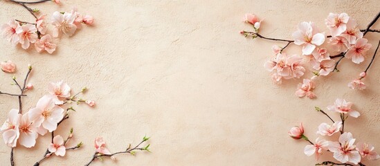 Soft peach-toned vintage paper background adorned with delicate cherry blossom floral frames on both sides, highlighting elegant floral art.