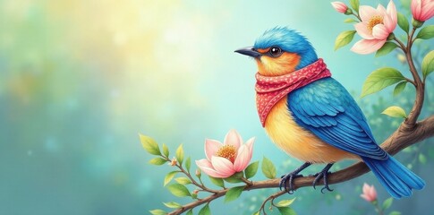 Obraz premium A Vibrant Blue Bird Adorned with a Red Polka Dot Bandana Perched on a Blooming Branch in a Serene Garden Setting