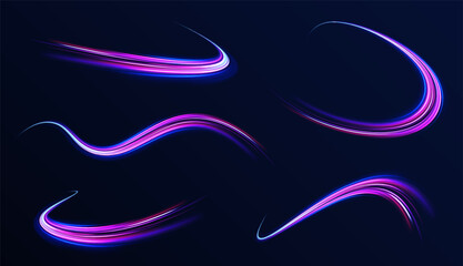Creative vector illustration of flying cosmic meteor, planetoid, comet, fireball isolated on transparent background. Effect, png, wave,neon,line. Light arc in neon colors, in the form of a turn.