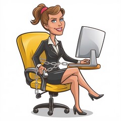 Businesswoman chained to her desk, working on computer, cartoon style