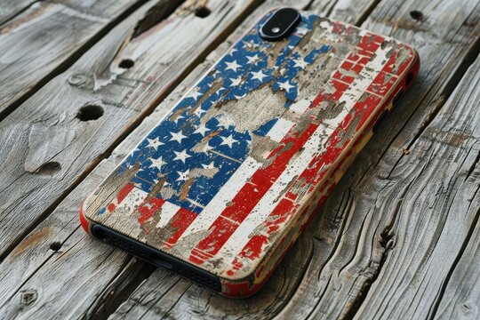 Worn smartphone case featuring a distressed American flag design on a wooden surface