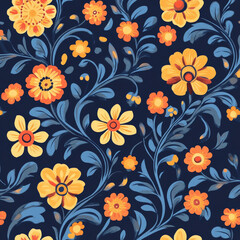 Colorful floral pattern with yellow flowers on dark background