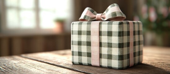 Wrapped gift box with green and white plaid pattern and pink ribbon placed on a rustic wooden table, with a soft-focus background of plants.