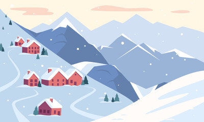 Snowy mountain scene with red cabins, pine trees, and falling snowflakes against a serene pastel sky background. Winter holiday concept. Vector illustration