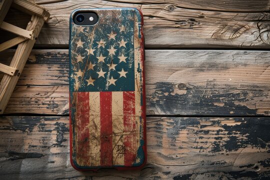 Worn smartphone case featuring a distressed American flag design on a wooden surface - Powered by Adobe