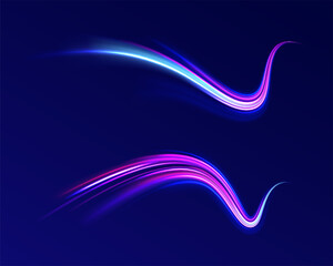 Horizontal speed lines connection vector background. Futuristic dynamic motion technology blue glowing lines air flow effect.  Racing cars dynamic flash effects city road with long exposure. 
