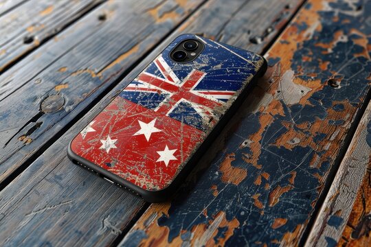 Worn smartphone case featuring a distressed American flag design on a wooden surface