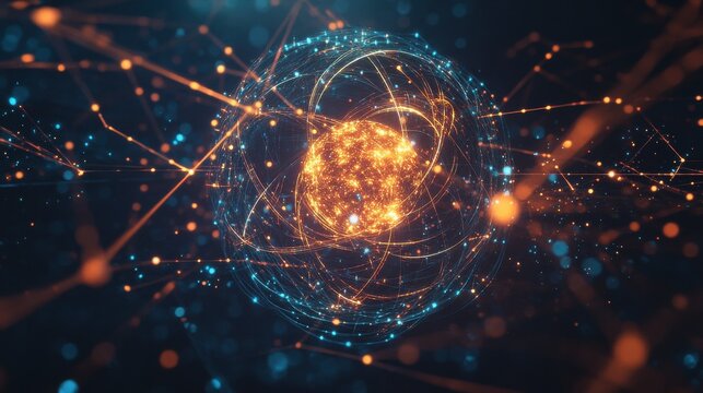 A glowing atomic structure with a central nucleus surrounded by orbiting electrons. The atom is shown against a dark background with a network of lines and dots.