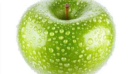 Fresh Green Apple with Water Droplets on White Background
