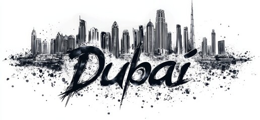 City skyline of Dubai showcasing modern architecture against a black and white artistic backdrop