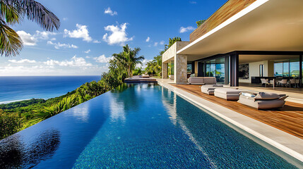 Fototapeta premium A modern villa with an infinity pool overlooking the ocean, surrounded by lush greenery and a clear blue sky.