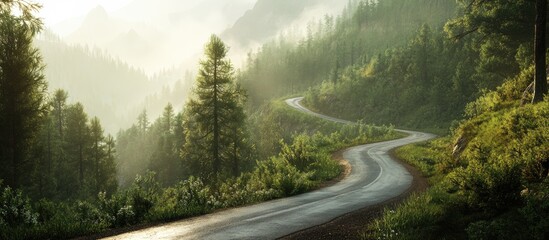 Winding mountain road etched in a lush green forest illuminated by soft sunlight with misty mountains in the background inviting nature adventures