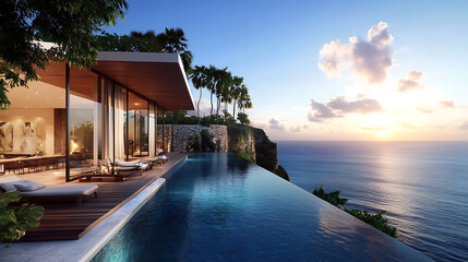 Fototapeta premium A modern villa with an infinity pool overlooking the ocean, surrounded by lush greenery and bathed in soft sunset light.