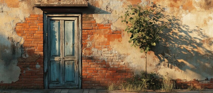 Vintage blue wooden door on a rustic weathered brick wall with orange and brown hues, accompanied by a green tree casting shadows to the side.