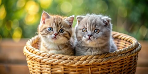 Fluffy Scottish Fold and British Shorthair kittens cuddle in a basket, an adorable sight.