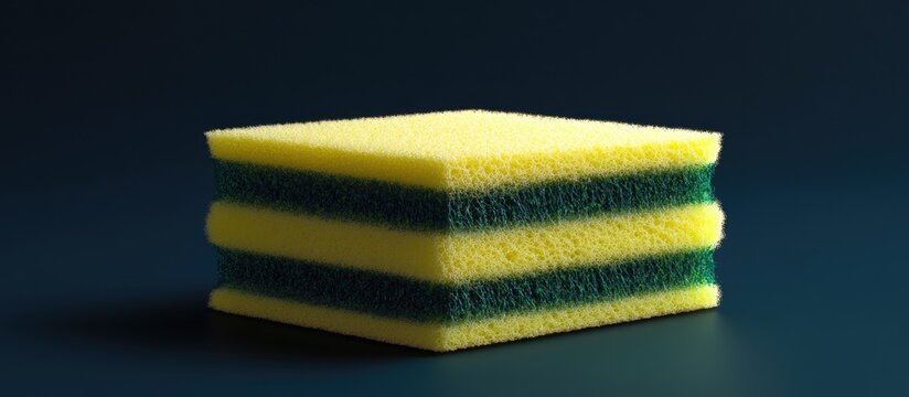 Three stacked yellow scrubbing sponges with green scouring pads on a dark blue background highlighting dual functionality and cleaning effectiveness.