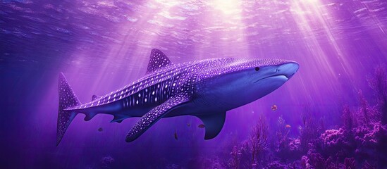 Obraz premium Majestic whale shark swimming in deep purple water illuminated by vibrant sunrays highlighting its stunning patterns and serene habitat.