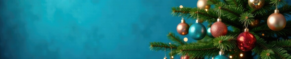 Fototapeta premium Tree decorated with ornaments on blue background, presents, decorations, holiday
