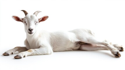 Fototapeta premium Happy Goat Relaxing on White Background with Peaceful Expression