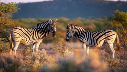 Fototapeta premium Striking Encounter with Two Plains Zebras Equus burchelli in their Natural Habitat at Sunset, South Africa